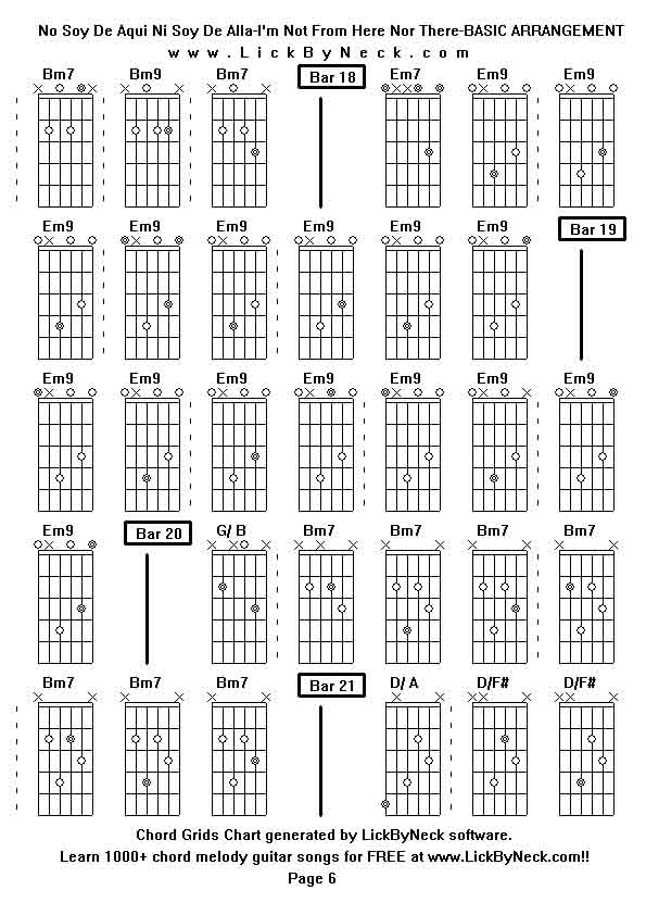 Chord Grids Chart of chord melody fingerstyle guitar song-No Soy De Aqui Ni Soy De Alla-I'm Not From Here Nor There-BASIC ARRANGEMENT,generated by LickByNeck software.